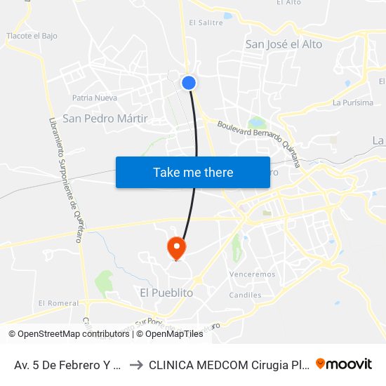 Av. 5 De Febrero Y Corporativo Santander to CLINICA MEDCOM Cirugia Plastica y Farmacia Homeopatica map