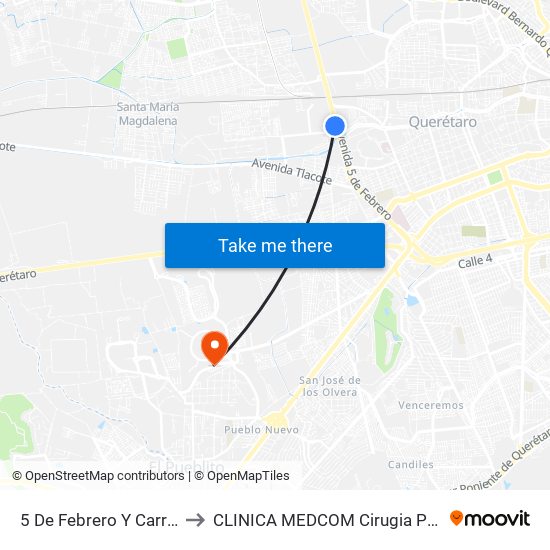 5 De Febrero Y Carretera Al Campo Militar to CLINICA MEDCOM Cirugia Plastica y Farmacia Homeopatica map