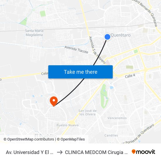 Av. Universidad Y El Tecnologico De Queretaro to CLINICA MEDCOM Cirugia Plastica y Farmacia Homeopatica map