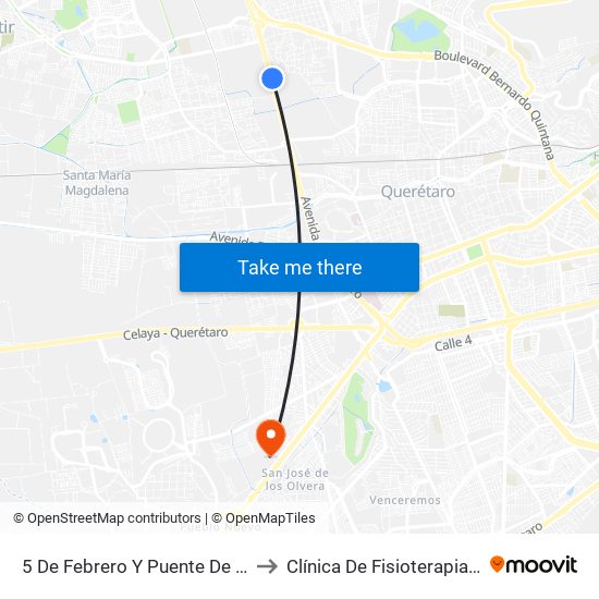 5 De Febrero Y Puente De Mabe to Clínica De Fisioterapia UAQ map