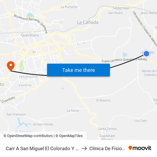 Carr A San Miguel El Colorado Y Calle San Juan Del Río to Clínica De Fisioterapia UAQ map