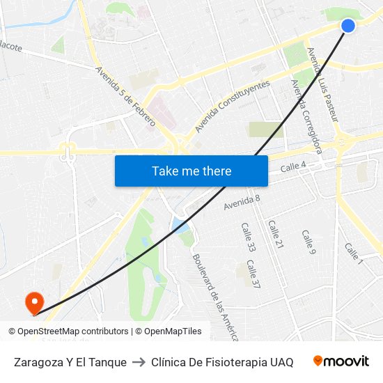 Zaragoza Y El Tanque to Clínica De Fisioterapia UAQ map