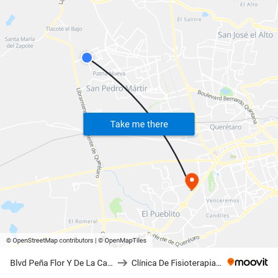 Blvd Peña Flor Y De La Cantera to Clínica De Fisioterapia UAQ map