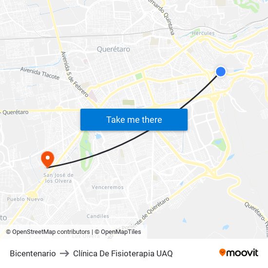 Bicentenario to Clínica De Fisioterapia UAQ map