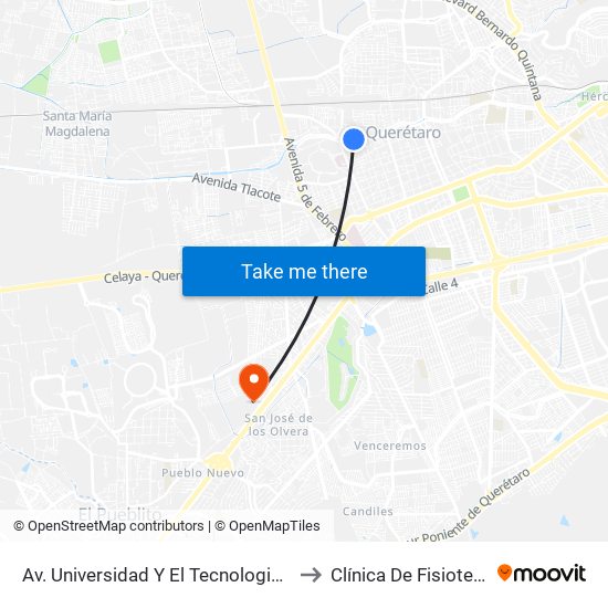 Av. Universidad Y El Tecnologico De Queretaro to Clínica De Fisioterapia UAQ map