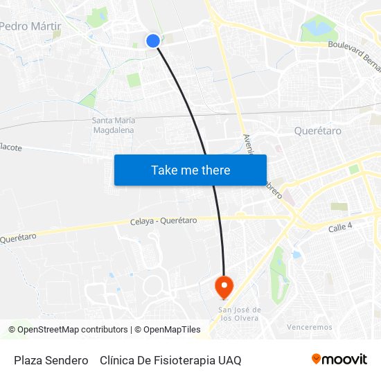 Plaza Sendero to Clínica De Fisioterapia UAQ map