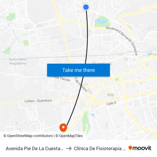 Avenida Pie De La Cuesta, 886 to Clínica De Fisioterapia UAQ map