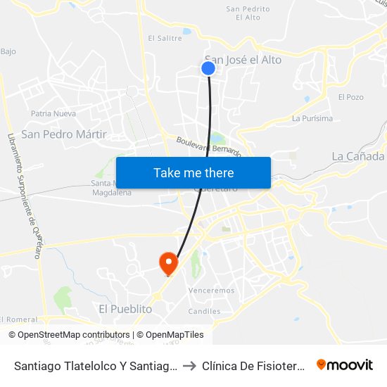 Santiago Tlatelolco Y Santiago Del Oeste to Clínica De Fisioterapia UAQ map