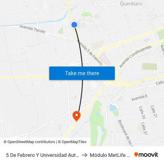 5 De Febrero Y Universidad Autonoma De Qro. to Módulo MetLife Querétaro map