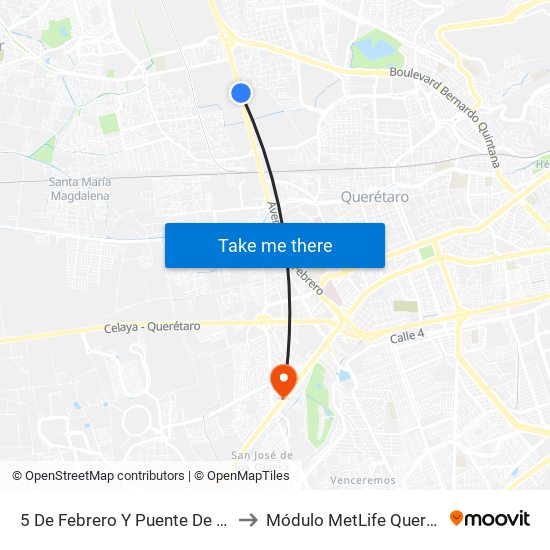 5 De Febrero Y Puente De Mabe to Módulo MetLife Querétaro map