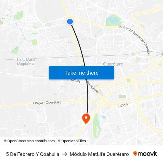 5 De Febrero Y Coahuila to Módulo MetLife Querétaro map