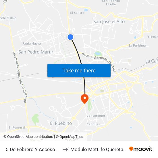 5 De Febrero Y Acceso IV to Módulo MetLife Querétaro map