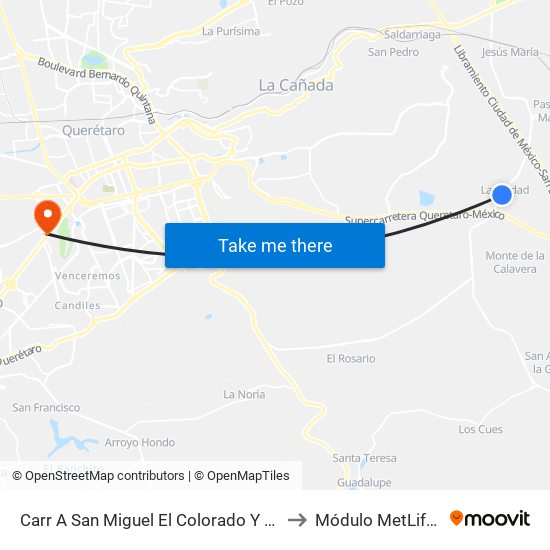 Carr A San Miguel El Colorado Y Calle San Juan Del Río to Módulo MetLife Querétaro map