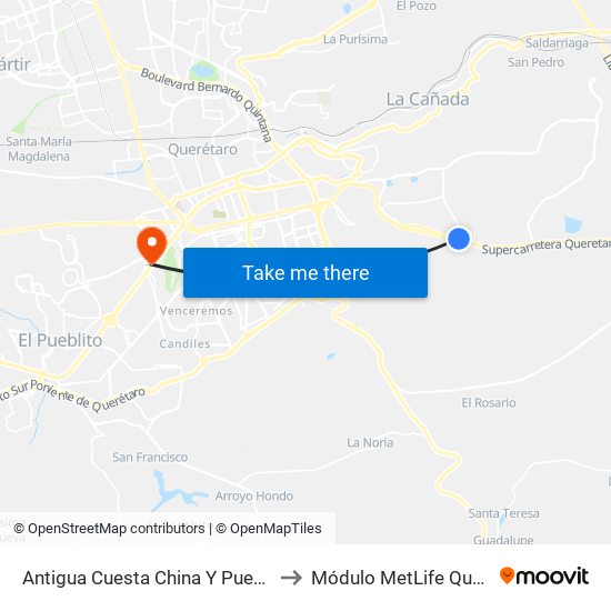 Antigua Cuesta China Y Puente Conin to Módulo MetLife Querétaro map