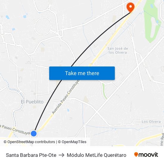 Santa Barbara Pte-Ote to Módulo MetLife Querétaro map