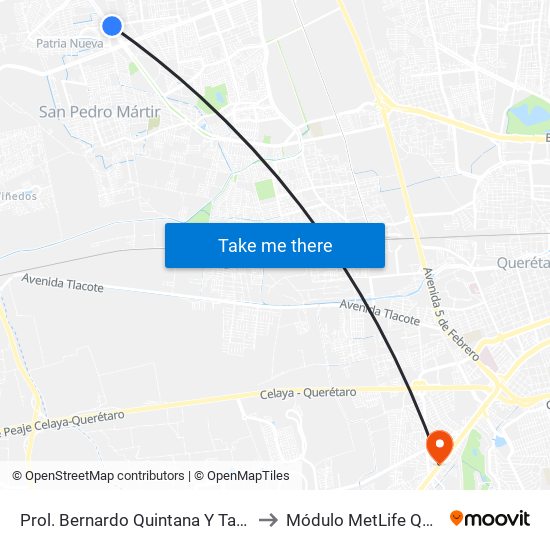 Prol. Bernardo Quintana Y Tarahumaras to Módulo MetLife Querétaro map