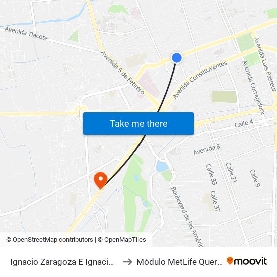 Ignacio Zaragoza E Ignacio Perez to Módulo MetLife Querétaro map