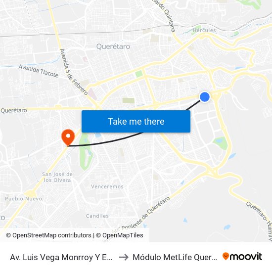 Av. Luis Vega Monrroy Y Estadio to Módulo MetLife Querétaro map