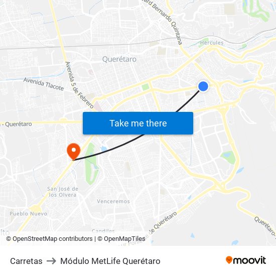 Carretas to Módulo MetLife Querétaro map