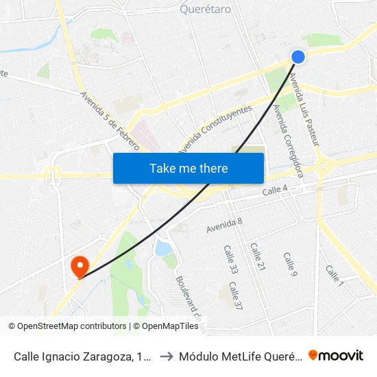 Calle Ignacio Zaragoza, 109_4 to Módulo MetLife Querétaro map