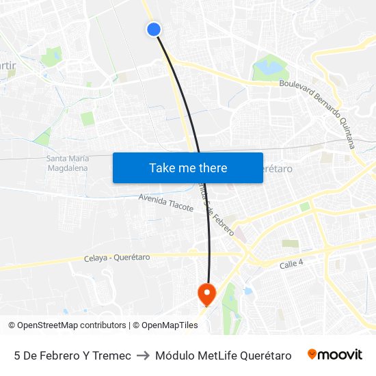 5 De Febrero Y Tremec to Módulo MetLife Querétaro map