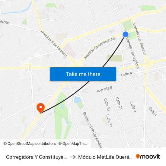 Corregidora Y Constituyentes to Módulo MetLife Querétaro map