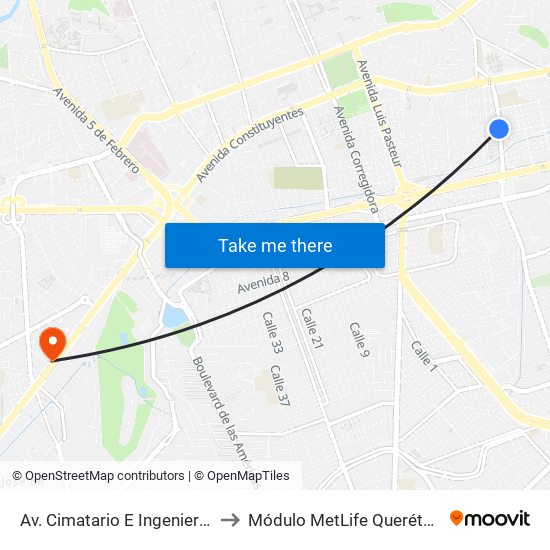 Av. Cimatario E Ingenieros to Módulo MetLife Querétaro map