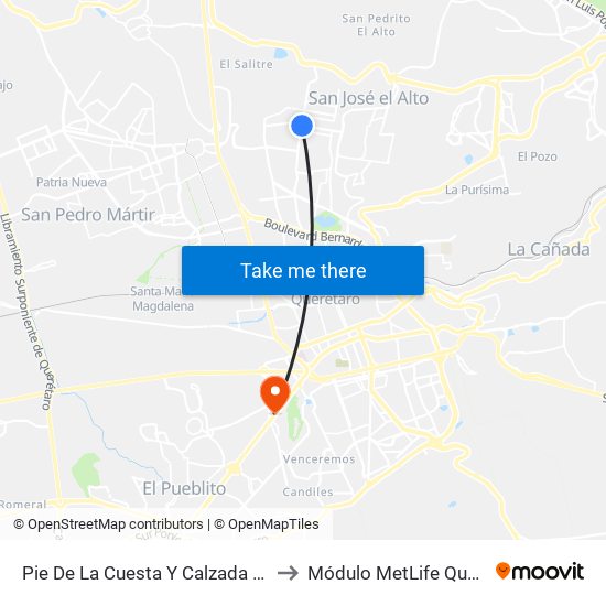 Pie De La Cuesta Y Calzada De Belen to Módulo MetLife Querétaro map