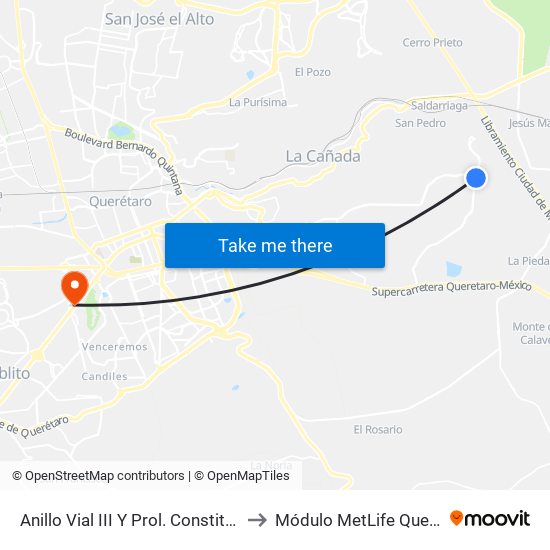 Anillo Vial III Y Prol. Constituyentes to Módulo MetLife Querétaro map