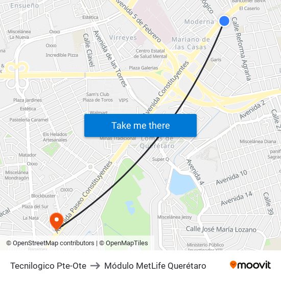Tecnilogico Pte-Ote to Módulo MetLife Querétaro map
