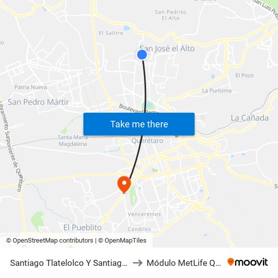 Santiago Tlatelolco Y Santiago Del Oeste to Módulo MetLife Querétaro map