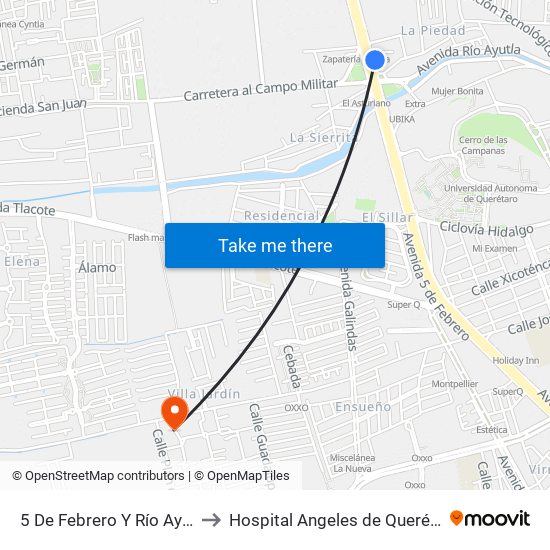 5 De Febrero Y Río Ayutla to Hospital Angeles de Querétaro map