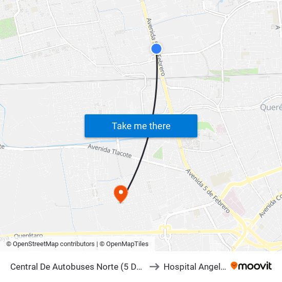 Central De Autobuses Norte (5 De Febrero Y Epigmenio González) to Hospital Angeles de Querétaro map