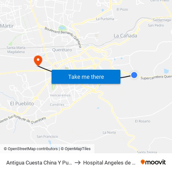 Antigua Cuesta China Y Puente Conin to Hospital Angeles de Querétaro map