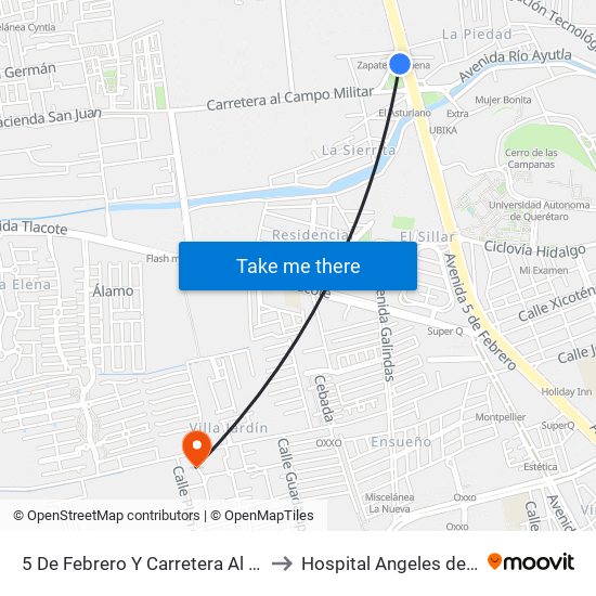 5 De Febrero Y Carretera Al Campo Militar to Hospital Angeles de Querétaro map