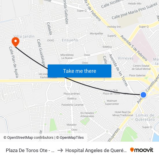 Plaza De Toros Ote - Pte to Hospital Angeles de Querétaro map