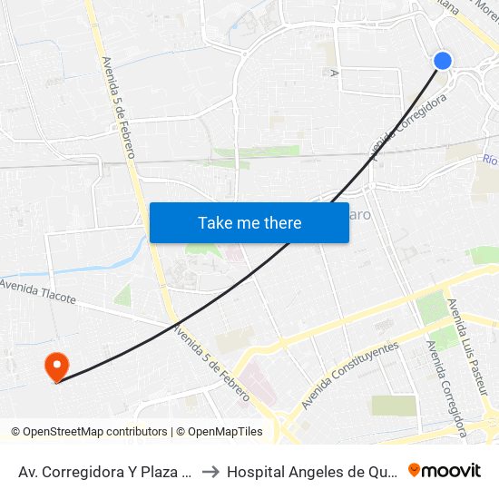 Av. Corregidora Y Plaza Dorada to Hospital Angeles de Querétaro map
