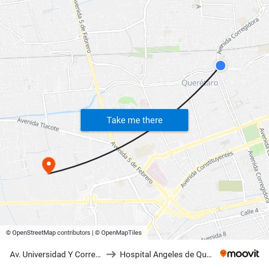 Av. Universidad Y Corregidora to Hospital Angeles de Querétaro map