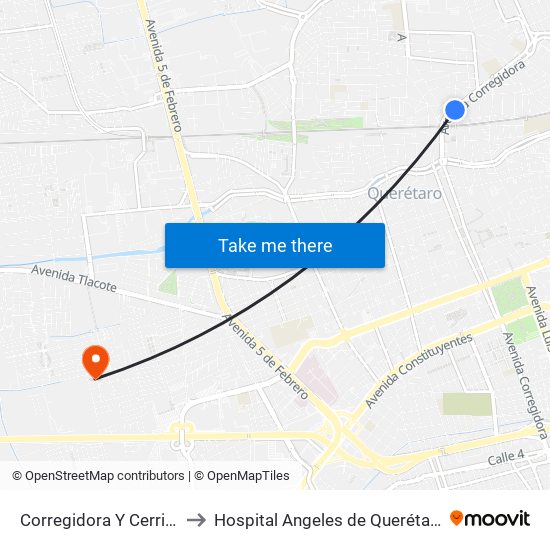 Corregidora Y Cerrito to Hospital Angeles de Querétaro map