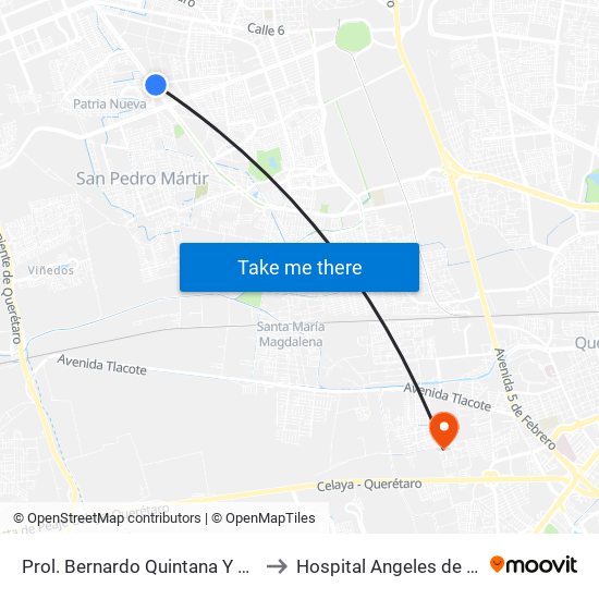 Prol. Bernardo Quintana Y Tarahumaras to Hospital Angeles de Querétaro map