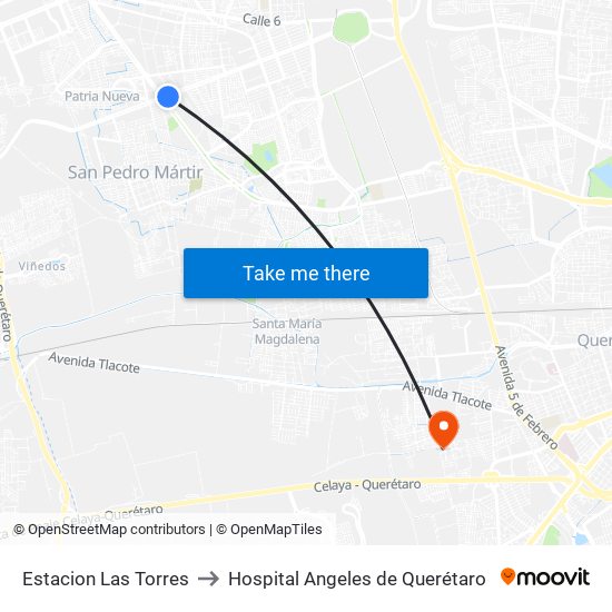 Estacion Las Torres to Hospital Angeles de Querétaro map