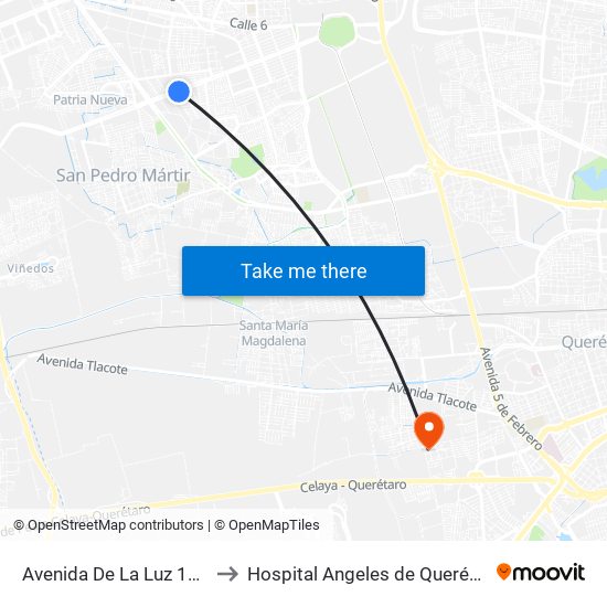 Avenida De La Luz 1323 to Hospital Angeles de Querétaro map