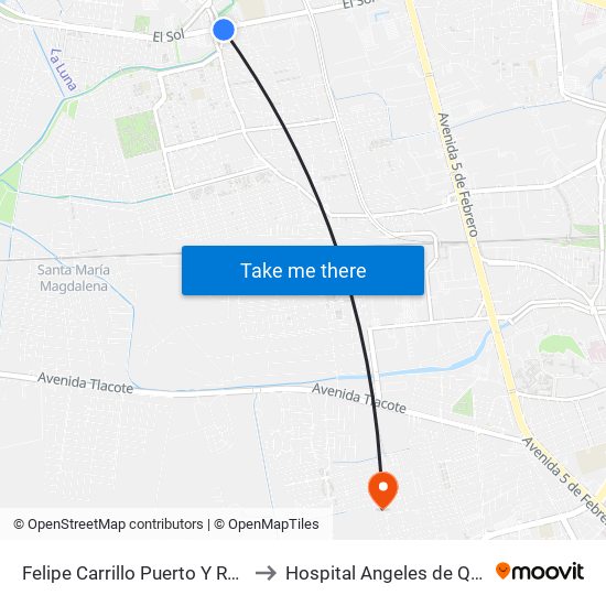 Felipe Carrillo Puerto Y Revolución to Hospital Angeles de Querétaro map
