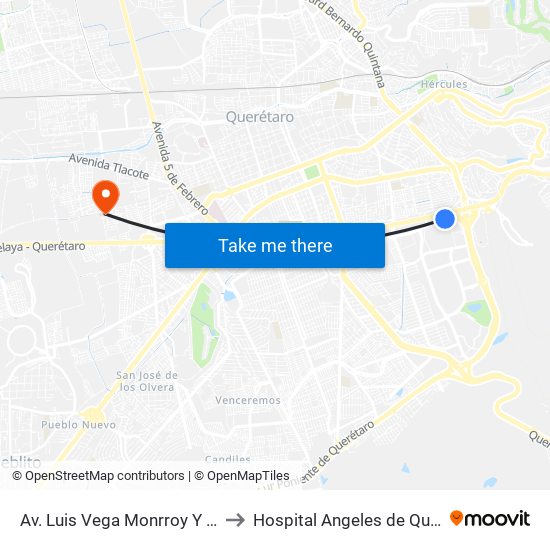 Av. Luis Vega Monrroy Y Estadio to Hospital Angeles de Querétaro map