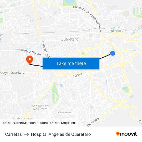 Carretas to Hospital Angeles de Querétaro map