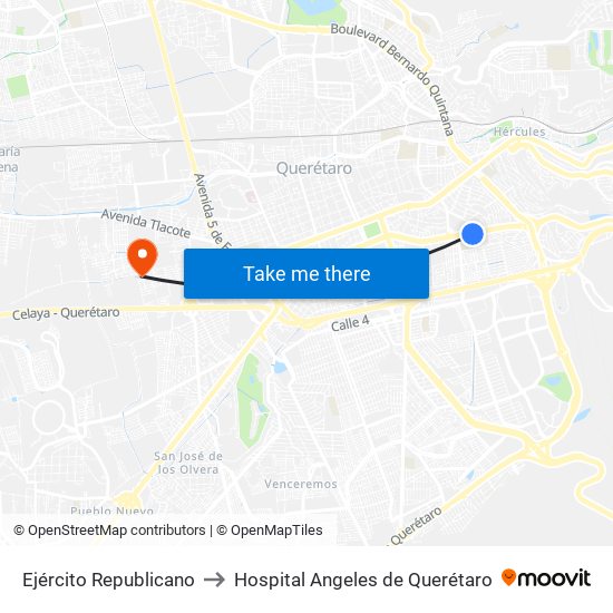 Ejército Republicano to Hospital Angeles de Querétaro map