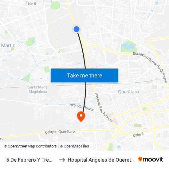 5 De Febrero Y Tremec to Hospital Angeles de Querétaro map