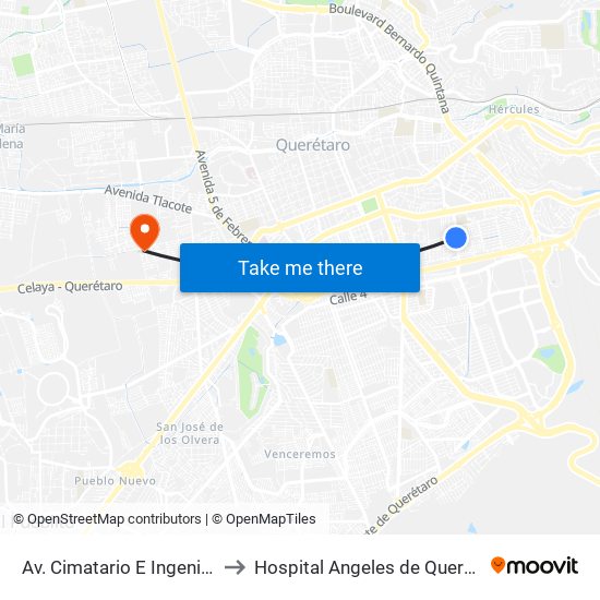 Av. Cimatario E Ingenieros to Hospital Angeles de Querétaro map