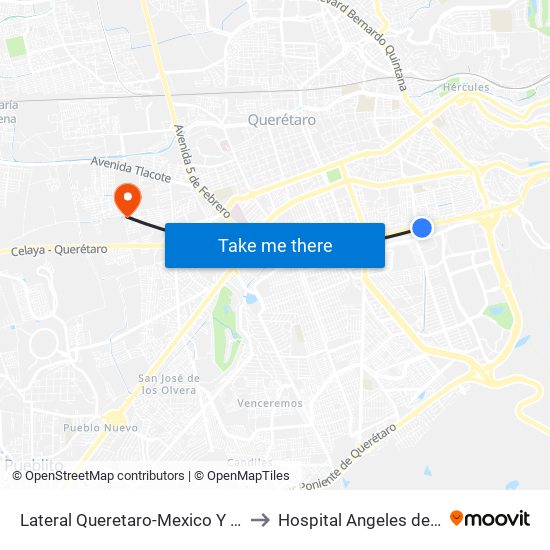 Lateral Queretaro-Mexico Y Mega Estadio to Hospital Angeles de Querétaro map