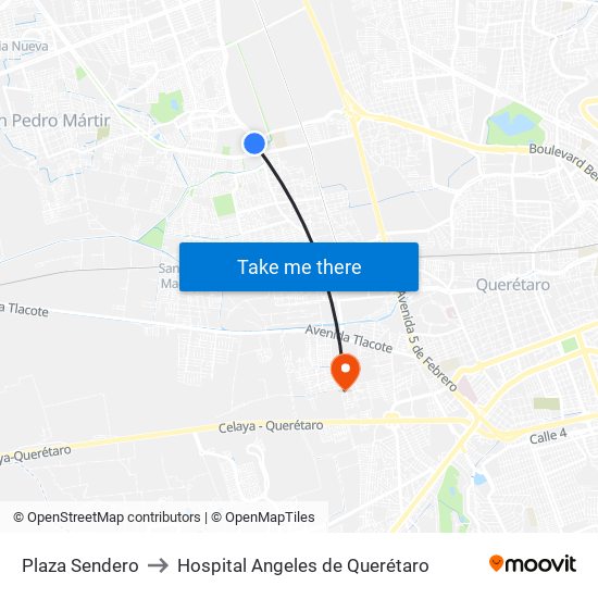 Plaza Sendero to Hospital Angeles de Querétaro map